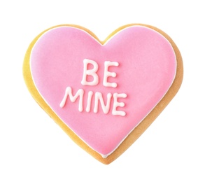 Photo of Decorated heart shaped cookie with phrase BE MINE on white background, top view. Valentine's day treat