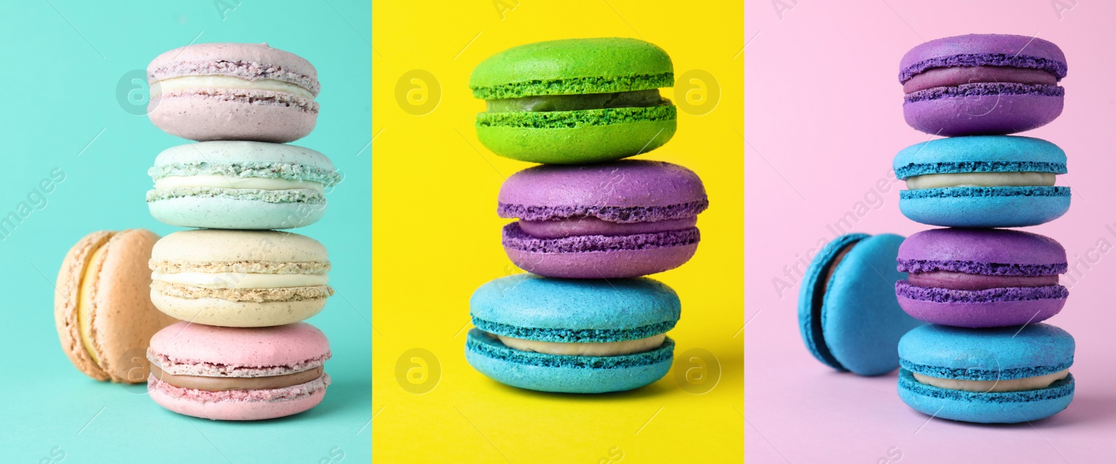 Image of Collage with photos of delicious macarons on different color backgrounds. Banner design