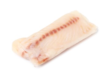 Photo of Piece of raw cod fish isolated on white, top view