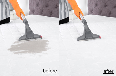 Woman disinfecting mattress with vacuum cleaner, closeup. Before and after cleaning