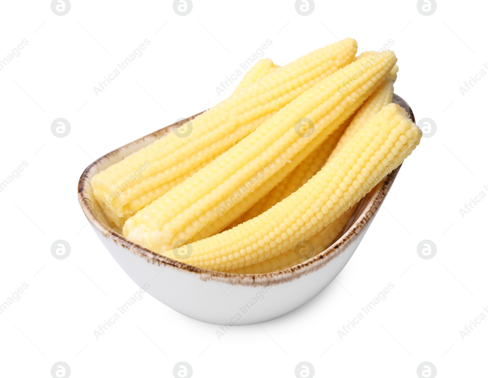 Photo of Tasty fresh yellow baby corn in bowl isolated on white