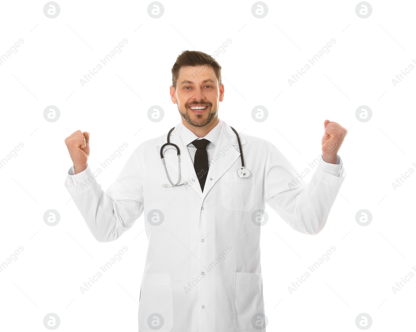 Photo of Portrait of happy male doctor isolated on white. Medical staff