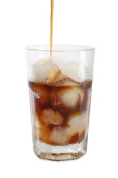 Pouring coffee into glass of ice cubes on white background