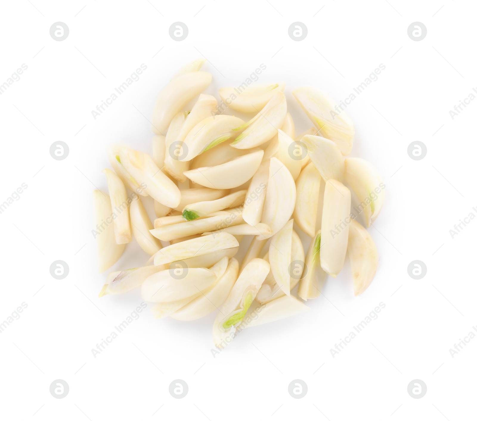 Photo of Peeled cloves of fresh garlic isolated on white, top view