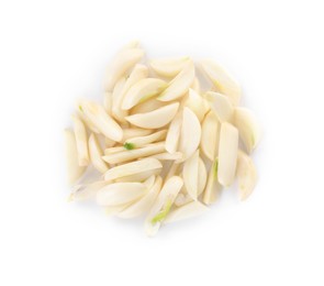 Peeled cloves of fresh garlic isolated on white, top view