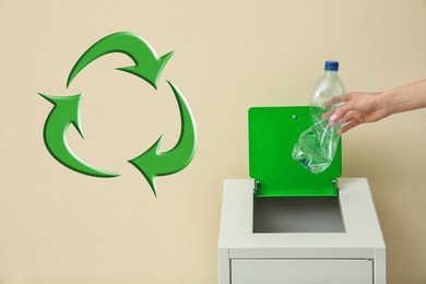 Image of Illustration of recycling symbol and woman throwing empty plastic bottle into trash bin on beige background, closeup