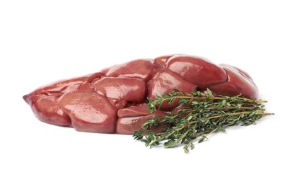 Photo of Fresh raw kidney meat with thyme isolated on white