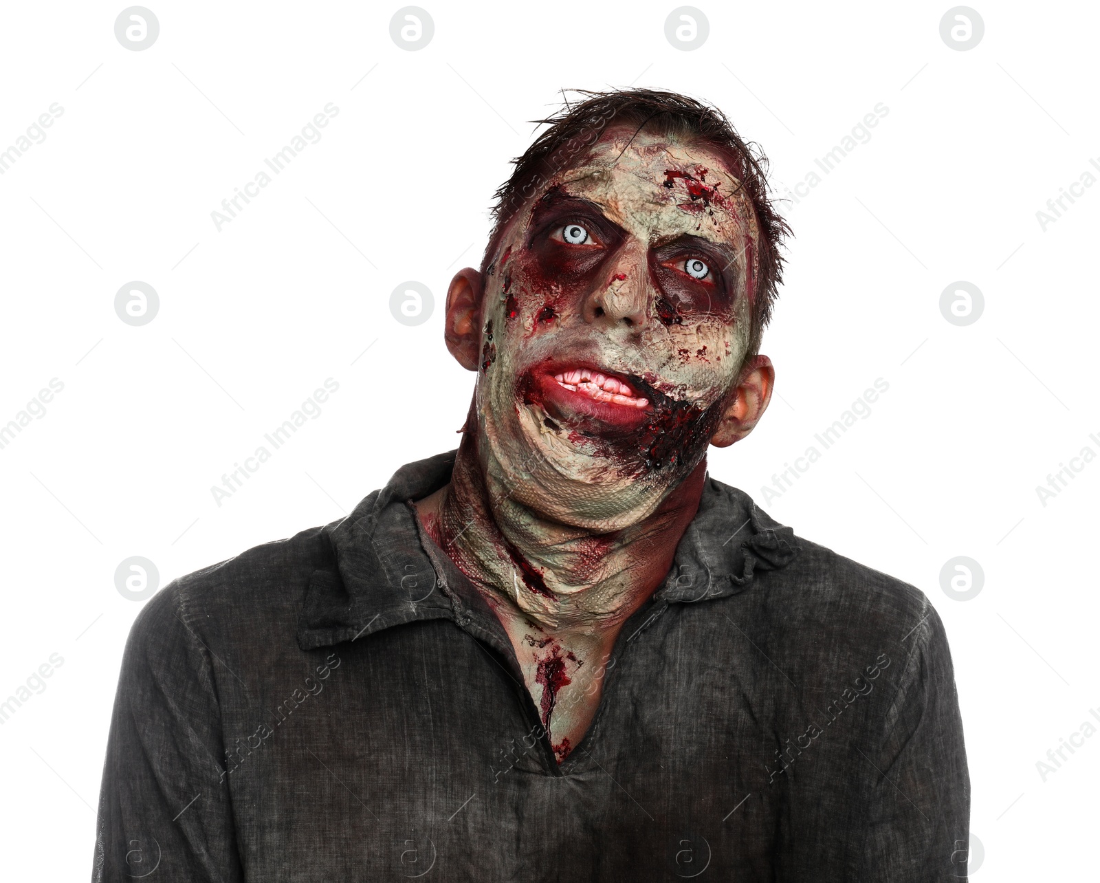 Photo of Scary zombie on white background. Halloween monster