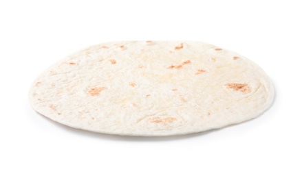 Photo of Corn tortilla on white background. Unleavened bread