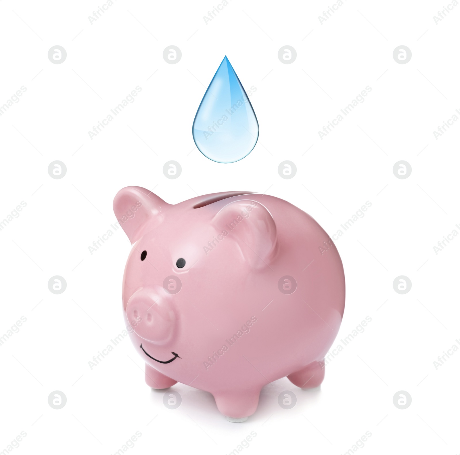 Image of Water scarcity concept. Piggy bank and drop on white background