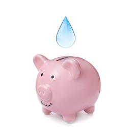 Image of Water scarcity concept. Piggy bank and drop on white background