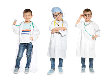 Image of Collage of cute little child wearing doctor uniform on white background