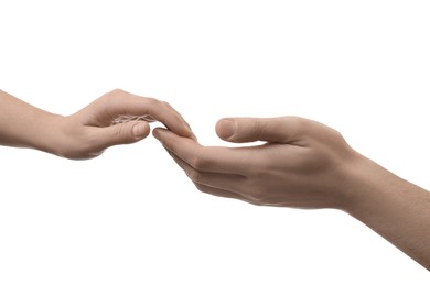 Photo of Man and woman holding hands together on white background, closeup