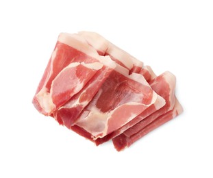 Photo of Slices of delicious jamon on white background, top view