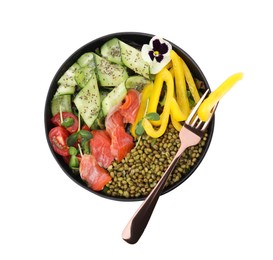 Bowl of salad with mung beans isolated on white, top view