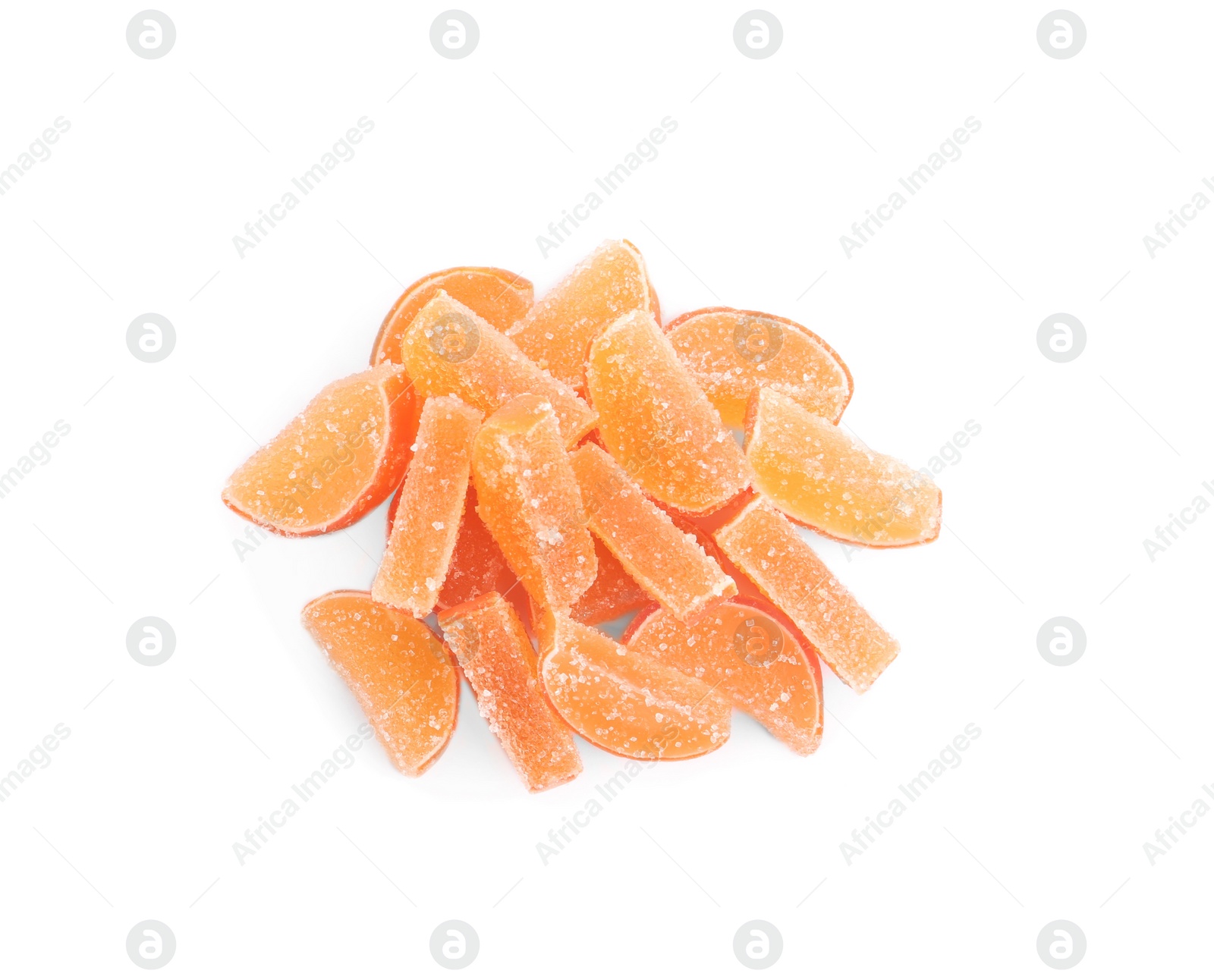 Photo of Sweet orange jelly candies on white background, top view