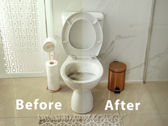 Image of Toilet bowl before and after cleaning in bathroom