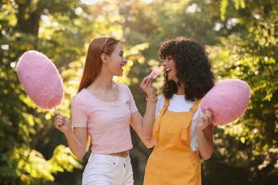 Happy friends with cotton candies spending time together in park on sunny day