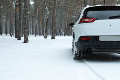 Photo of Modern car on snowy road in forest. Space for text