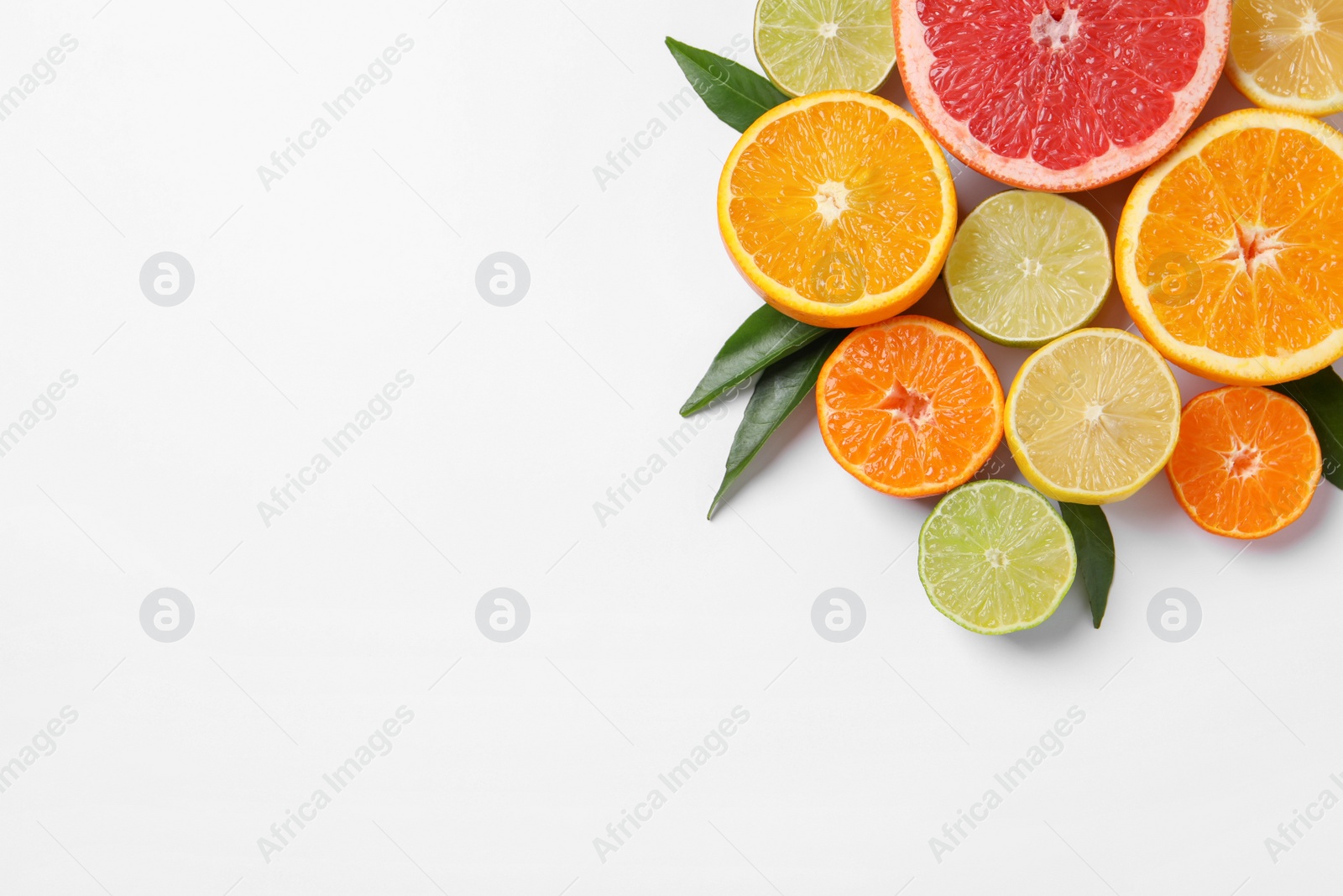 Photo of Different citrus fruits with fresh leaves on white background, top view. Space for text