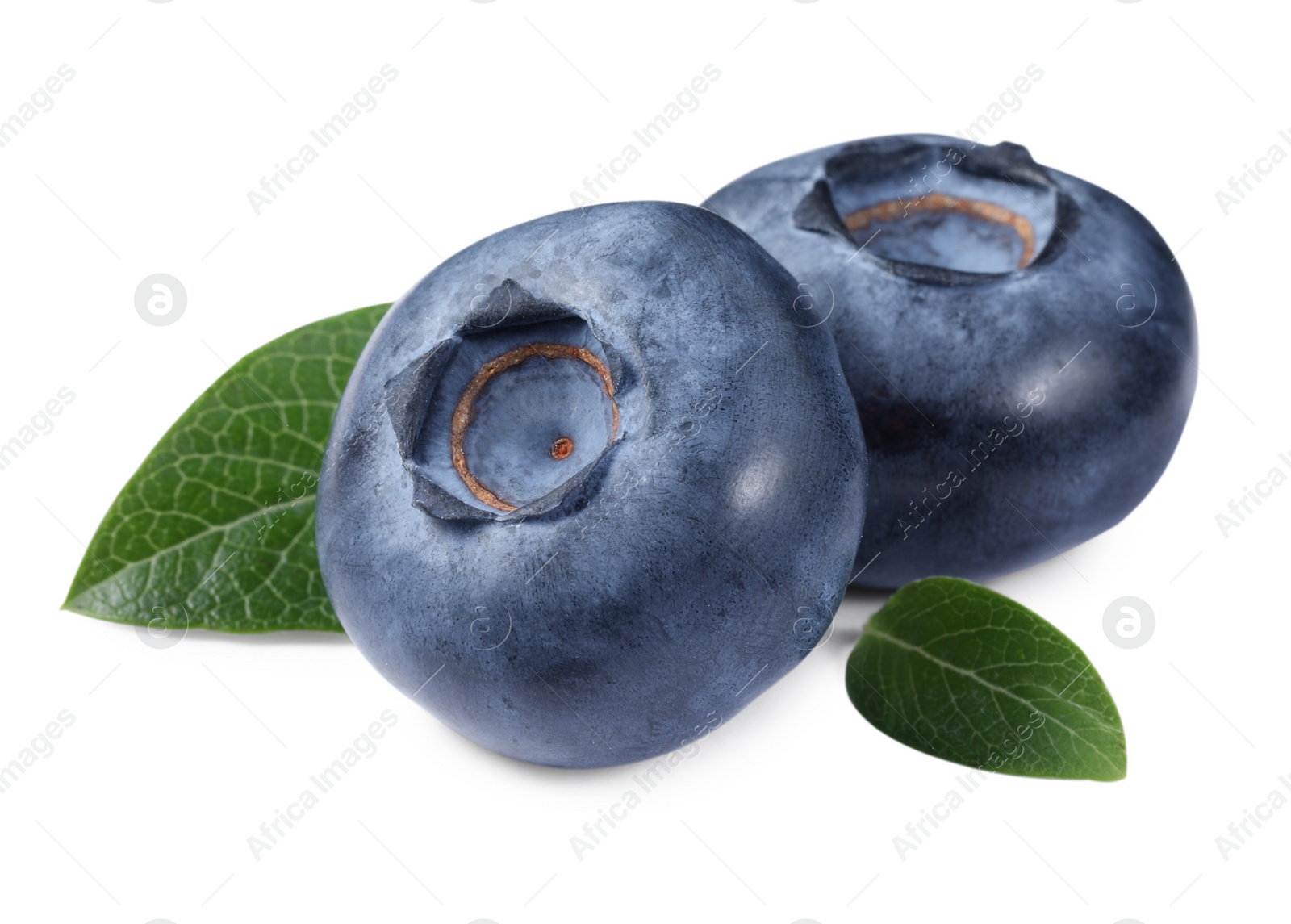 Photo of Fresh ripe blueberries and leaves isolated on white