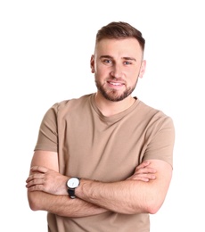 Portrait of handsome happy man on white background