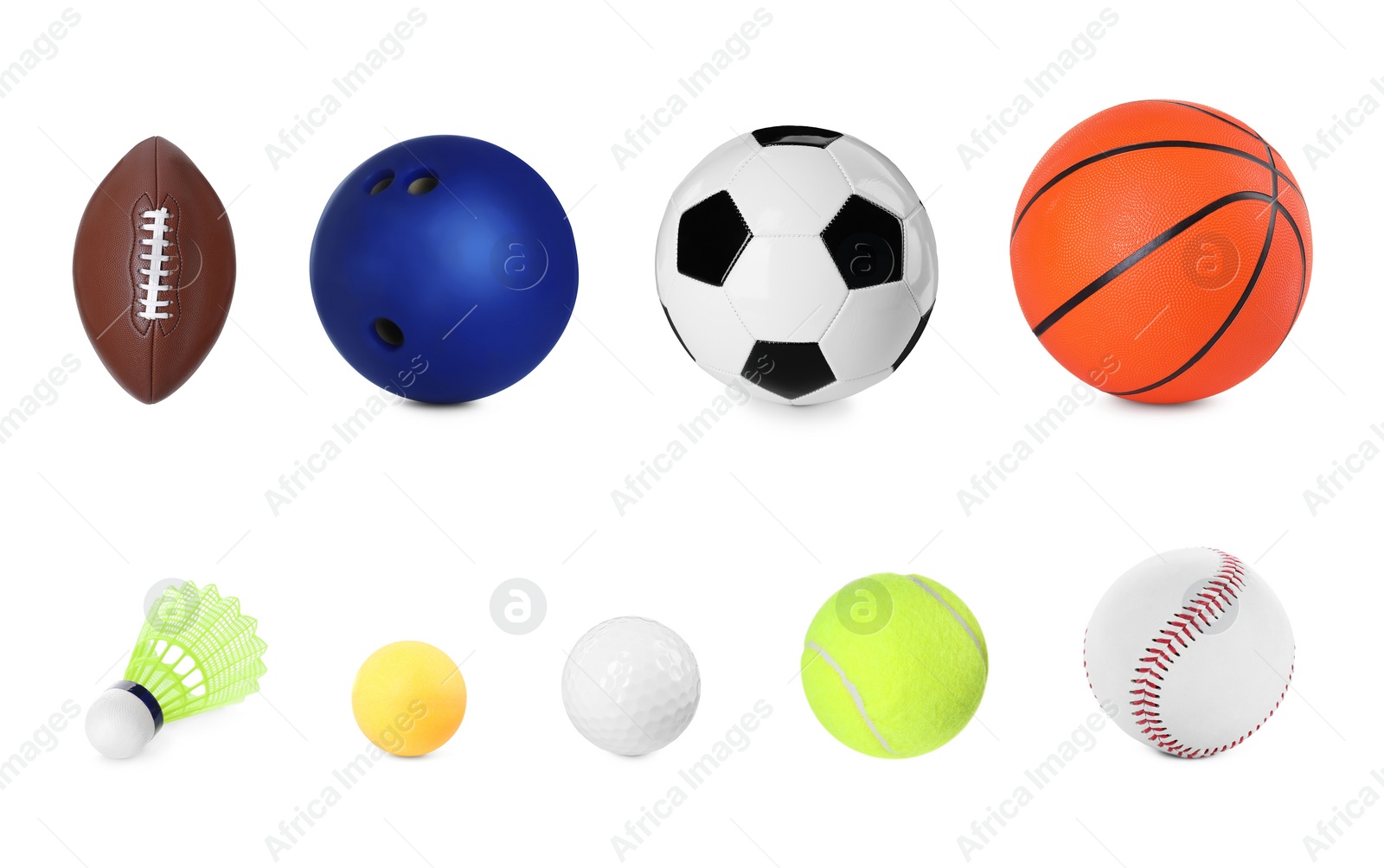 Image of Different sports balls and badminton shuttlecock isolated on white, set