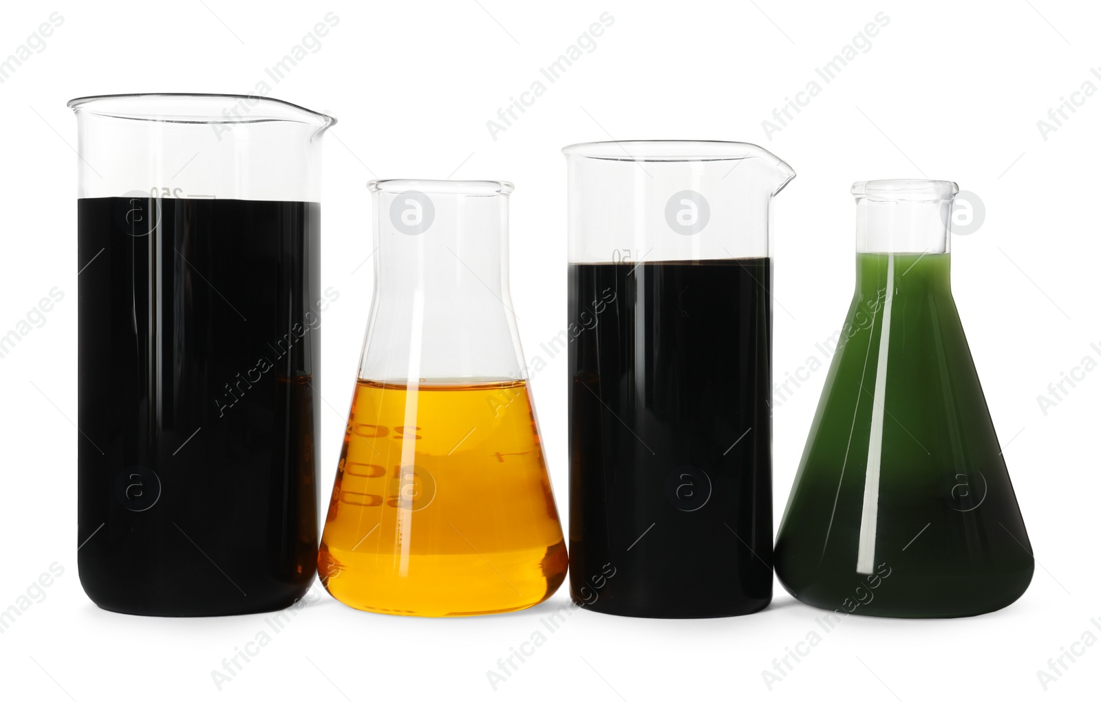 Photo of Beakers and flasks with different types of oil isolated on white