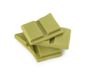 Photo of Pieces of tasty matcha chocolate bar isolated on white