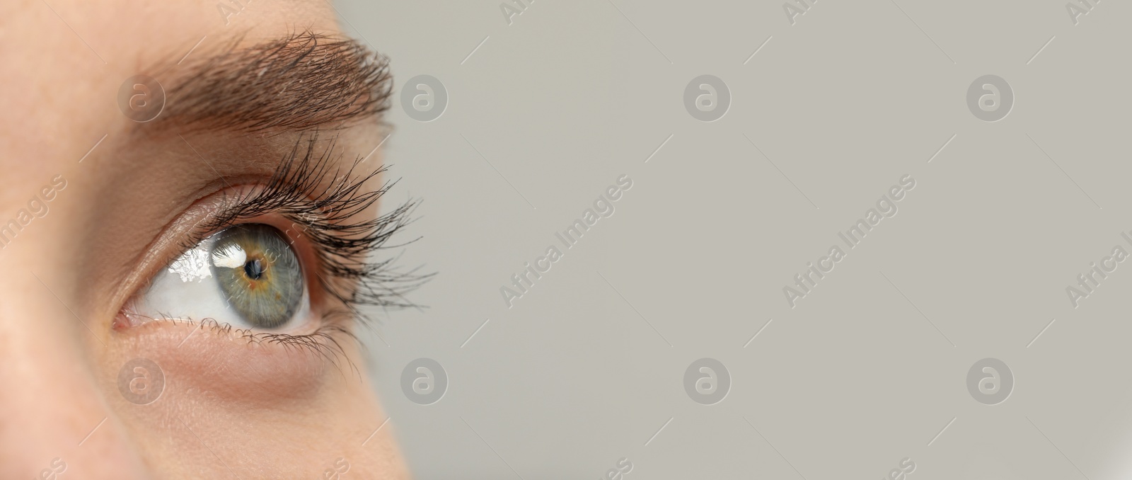 Image of Closeup view of woman with beautiful eyes on light grey background, space for text. Banner design