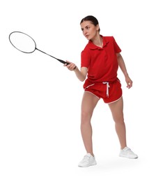 Photo of Young woman playing badminton with racket on white background