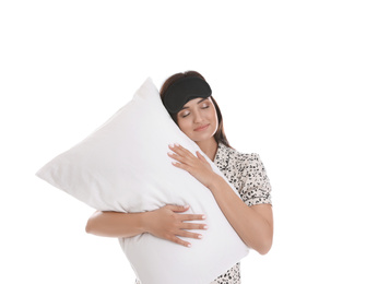 Photo of Beautiful woman with pillow on white background. Bedtime