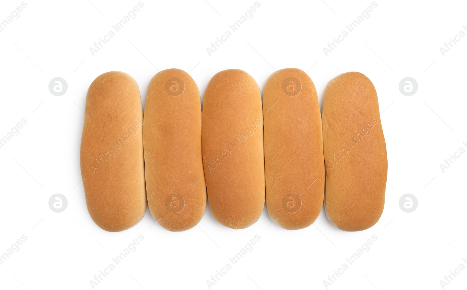 Photo of Tasty fresh buns for hot dogs on white background, top view