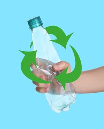 Image of Illustration of recycling symbol and woman holding crumpled plastic bottle on turquoise background, closeup