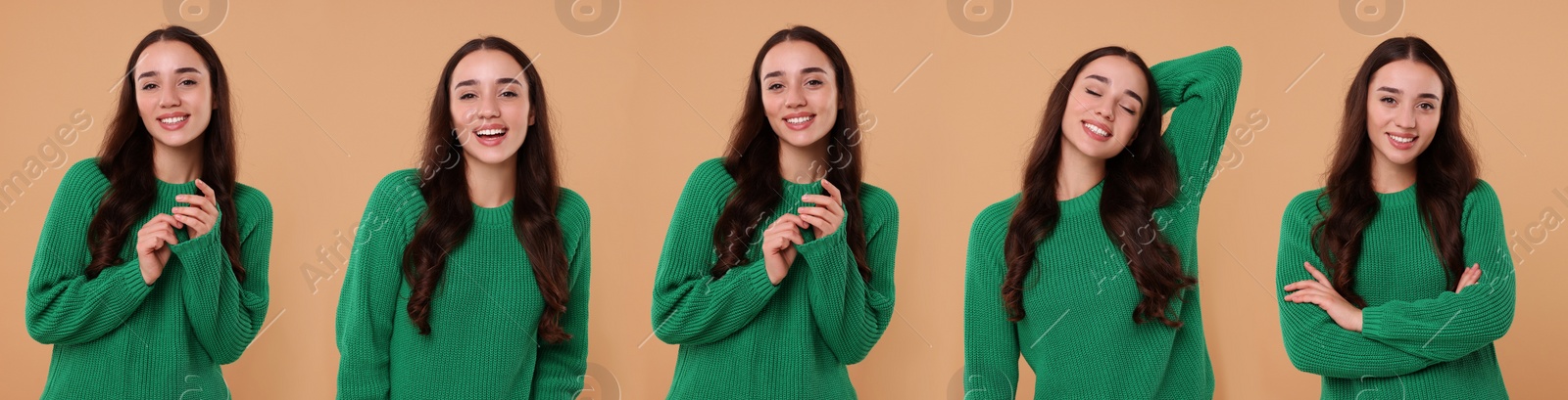 Image of Happy woman in green sweater on beige background, set of photos