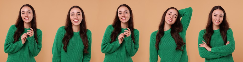 Image of Happy woman in green sweater on beige background, set of photos