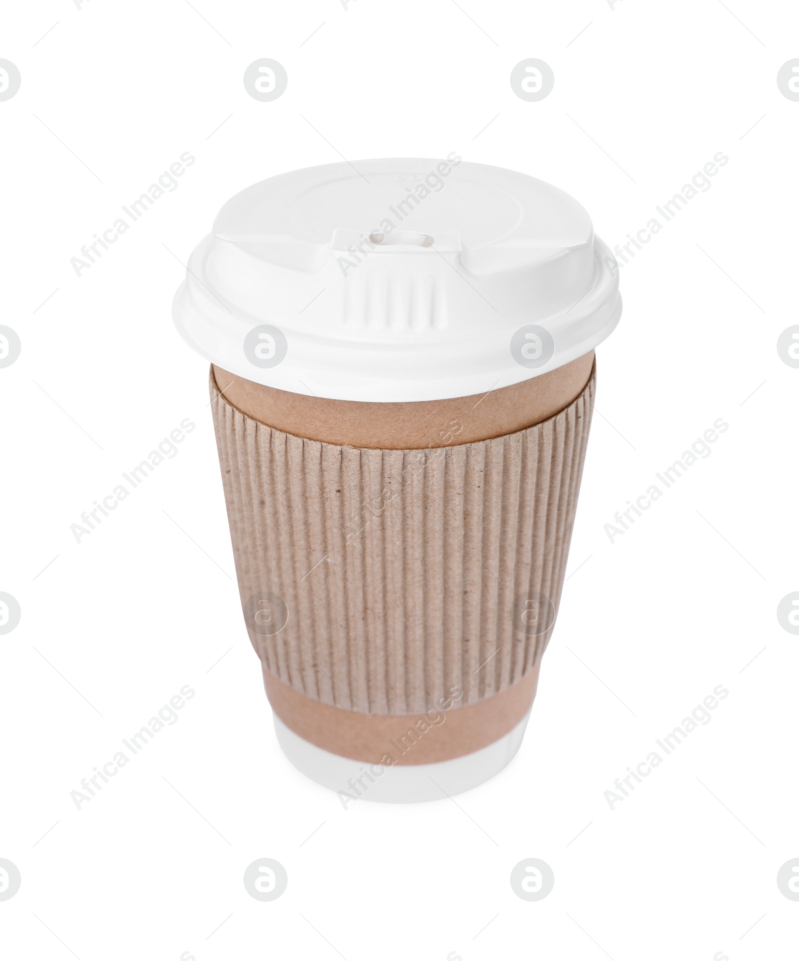 Photo of Paper cup with plastic lid isolated on white. Coffee to go