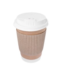 Photo of Paper cup with plastic lid isolated on white. Coffee to go