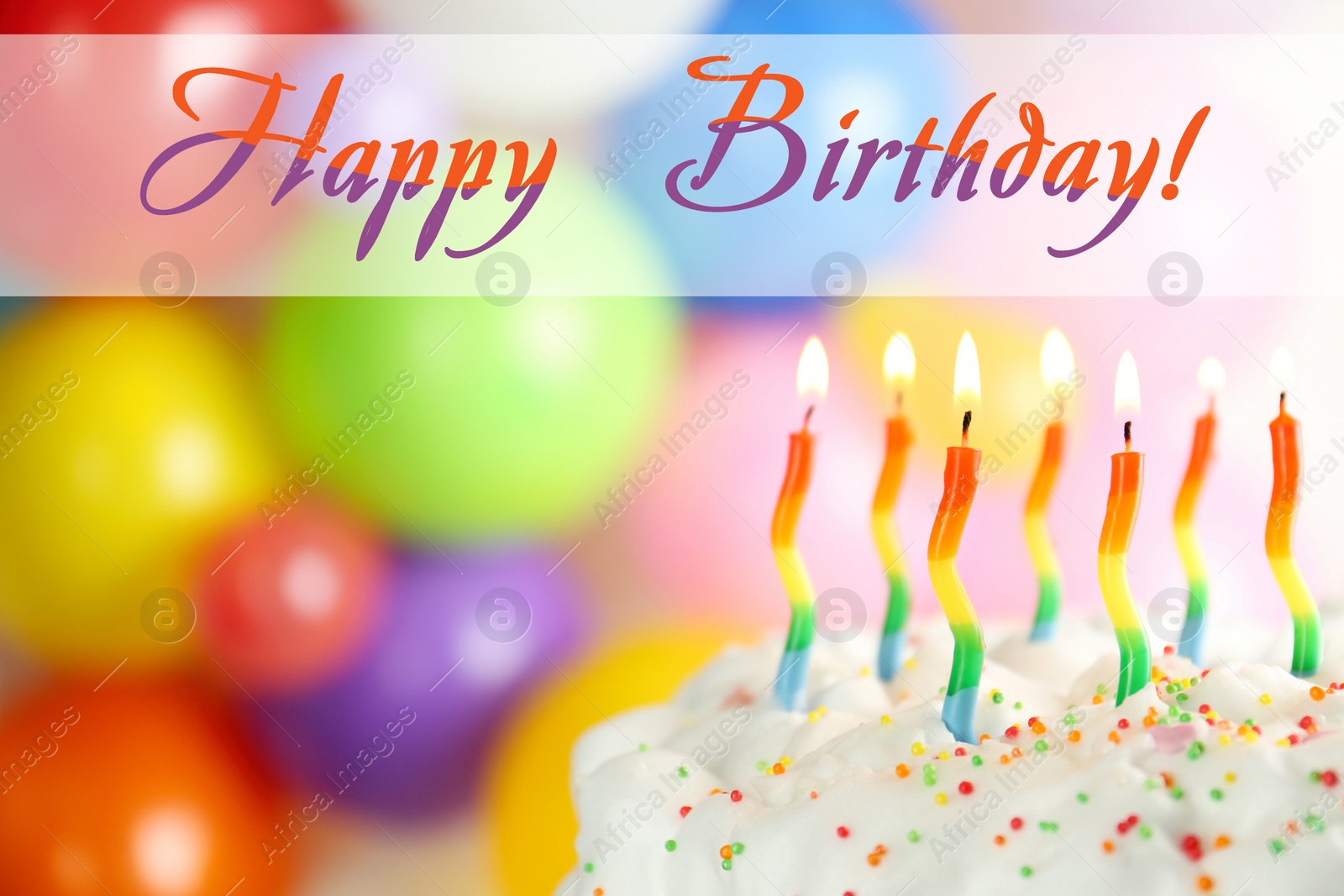 Image of Happy Birthday! Delicious cake with burning candles on blurred background, closeup