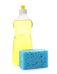 Photo of Bottle of detergent and cleaning sponge on white background