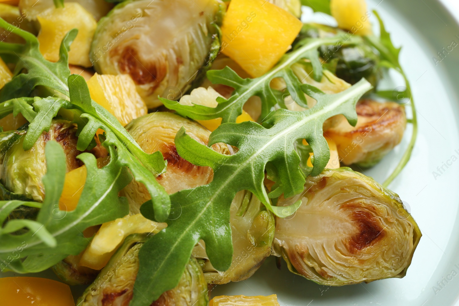 Photo of Delicious salad with roasted Brussels sprouts on plate, closeup
