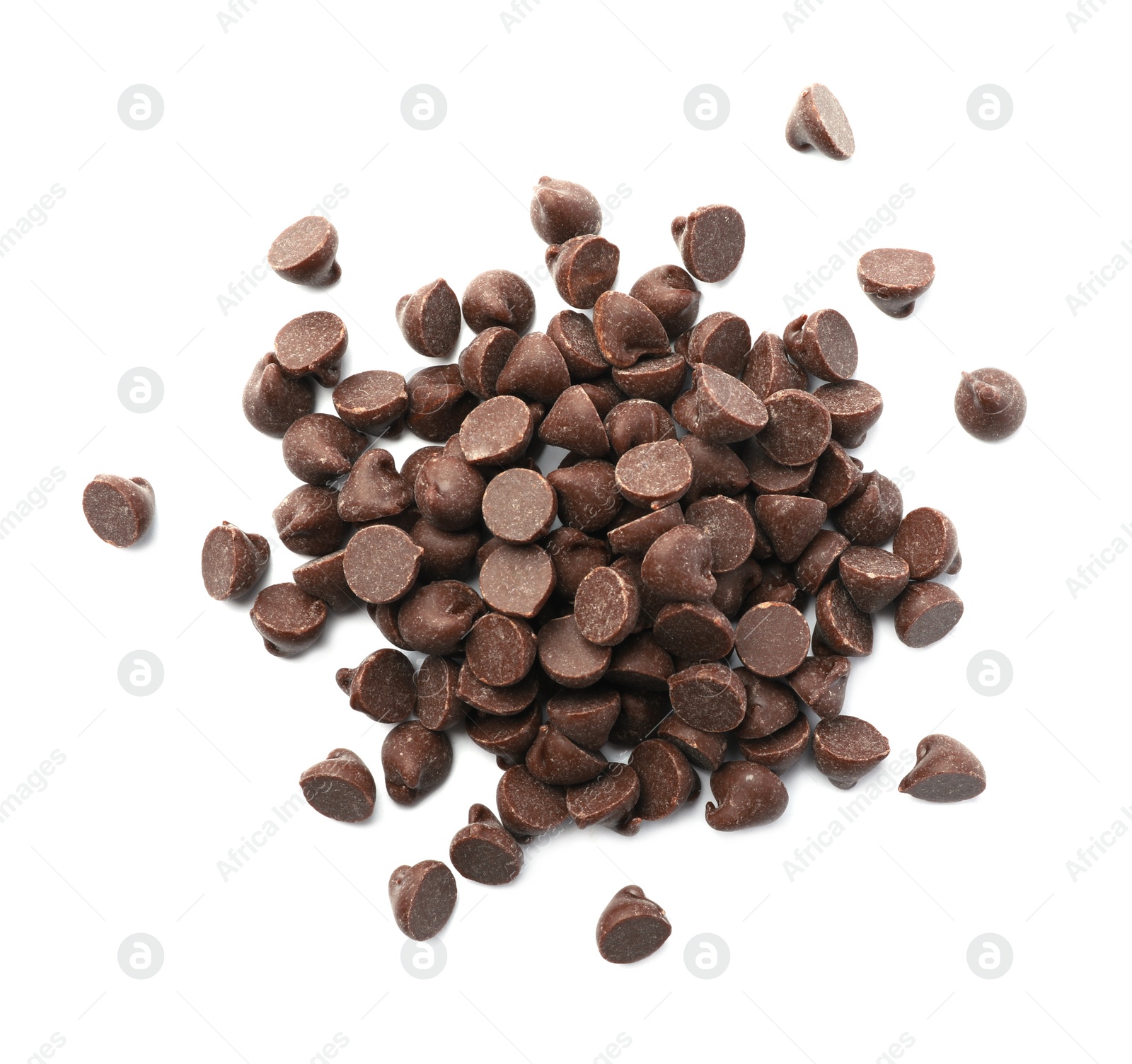 Photo of Pile of delicious chocolate chips isolated on white, top view