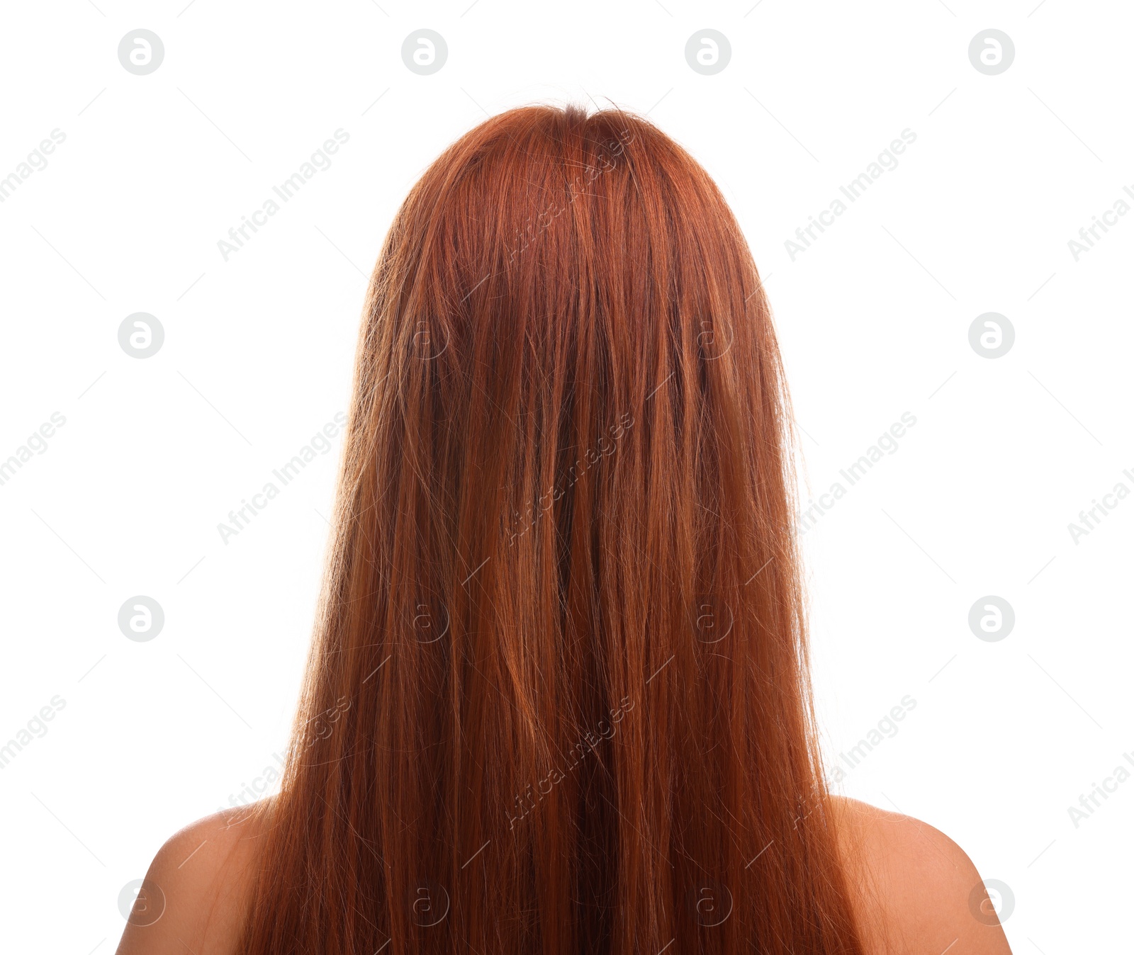 Photo of Woman with damaged hair on white background, back view