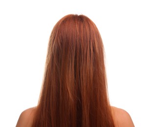 Woman with damaged hair on white background, back view