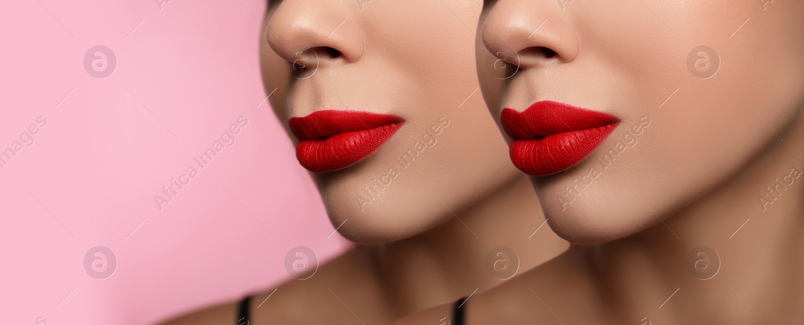 Image of Woman before and after lip correction procedure, closeup. Banner design 