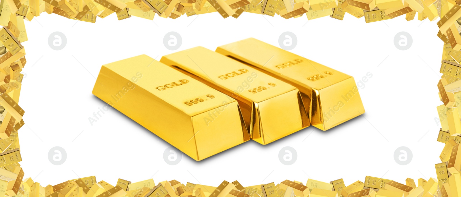 Image of Collage with many gold bars on white background