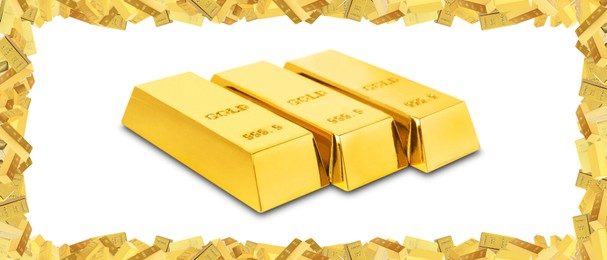 Image of Collage with many gold bars on white background