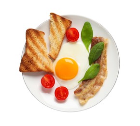 Photo of Delicious breakfast with fried egg, bread and bacon isolated on white, top view