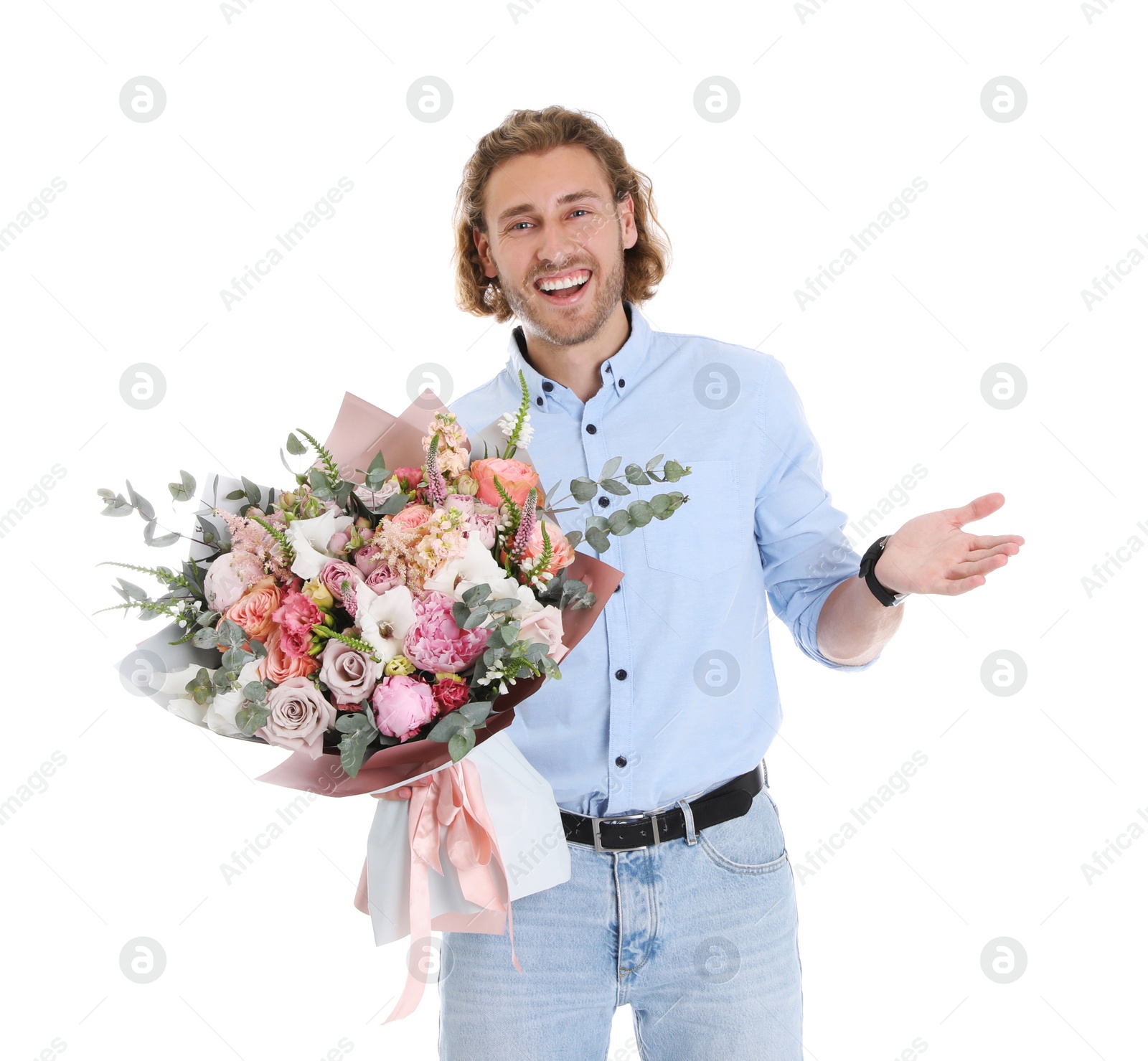 Photo of Young handsome man with beautiful flower bouquet on white background