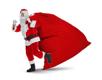 Image of Santa Claus with big red bag full of Christmas presents on white background
